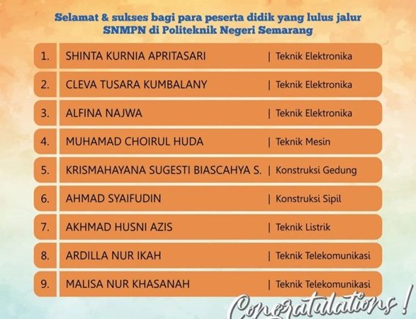 9 Siswa SMKN 4 Semarang lolos jalur  SNMPN di Politeknik Negeri Semarang