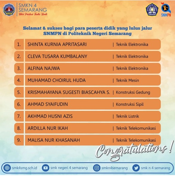 9 Siswa SMKN 4 Semarang lolos jalur SNMPN di Politeknik Negeri Semarang 9 Siswa SMKN 4 Semarang lolos jalur SNMPN di Politeknik Negeri Semarang
