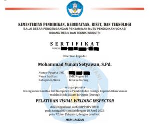 Guru SMKN 10 Semarang Raih Sertifikat Welding Inspector Guru SMKN 10 Semarang Raih Sertifikat Welding Inspector