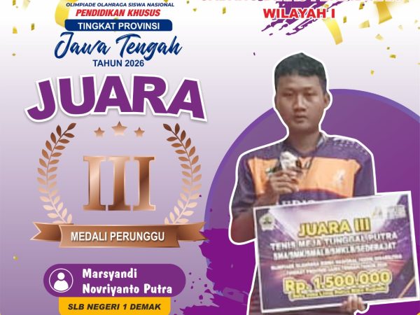 Prestasi membanggakan kembali ditorehkan Marsyandi Novriyanto Putra dengan raihan Juara III cabang olahraga tenis meja pada O2SN Pendidikan Khusus Jawa Tengah Tahun 2026.